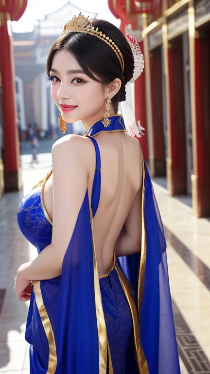 (((Chinese Beauty)))、((Angle of view from the side))、(Look back here)、21 years old、(Very heavy makeup:1.3)、(Slanted Eyes:1.4)、(long narrow eyes:1.4)、Shiny Hair、Glowing Skin、Very white skin、Jet Black Hair、Straight long hairstyle、Waist-length hair、Big eyes、Double eyelids、Luxury Chinese palace、(Standing in the palace corridor)、(Golden luxurious hair ornament)、(((Patterned costume of a Chinese queen)))、Luxurious and gorgeous、(huge breast:1.2)、(Exposed Skin:1.4)、(Smile with your mouth closed)、Transparent white cloth、(((Royal Blue Costume)))