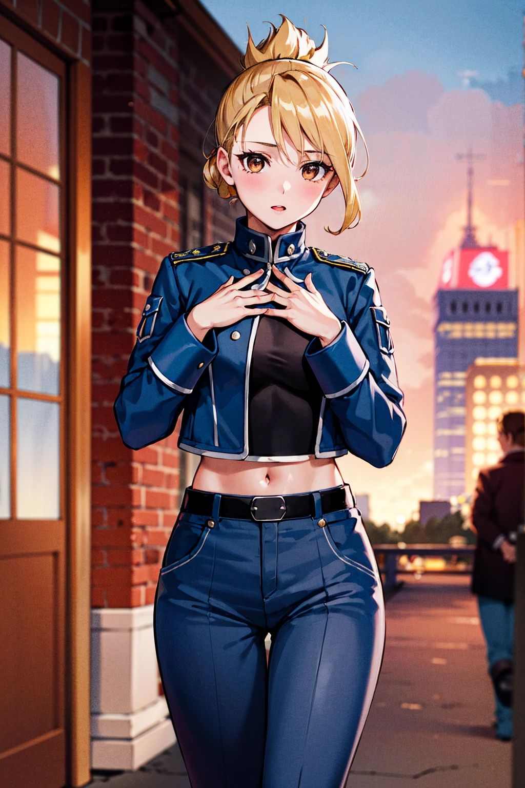 masterpiece, Highest quality, High resolution, One girl, Himliza, Folded ponytail, Brown eyes, Medium chest, uniform, Blue jacket, Blue pants, Are standing, glamorous, Outdoor, View your viewers,