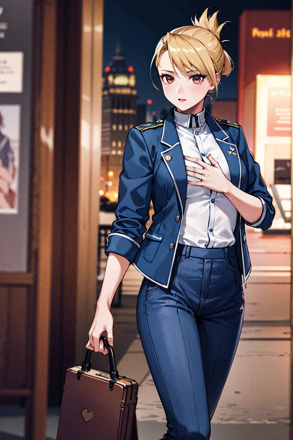 masterpiece, Highest quality, High resolution, One girl, Himliza, Folded ponytail, Brown eyes, Medium chest, uniform, Blue jacket, Blue pants, Are standing, glamorous, Outdoor, View your viewers,