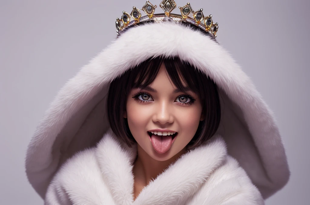 ((best quality)),((highly detailed)),masterpiece,absurdres,detailed face,beautiful face,(detailed eyes, deep eyes),((dynamic pose)), 1girl, Vanica, eyepatch, black hair, solo, tongue, crown, tongue out, red eyes, short hair, fur trim, smile, tiara, full body, cape,
, white background, blank background