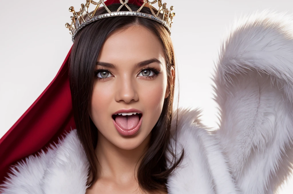((best quality)),((highly detailed)),masterpiece,absurdres,detailed face,beautiful face,(detailed eyes, deep eyes),((dynamic pose)), 1girl, Vanica, eyepatch, black hair, solo, tongue, crown, tongue out, red eyes, short hair, fur trim, smile, tiara, full body, cape,
, white background, blank background