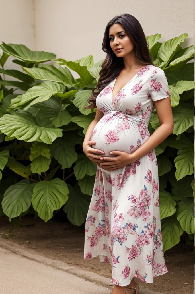 Pregnant woman with big belly in flower dress standing in front of the plant Illustrated by Nazmi Ziya Güran, closed, hyperrealism, pregnant belly, pregnant, pregnant, maternity 