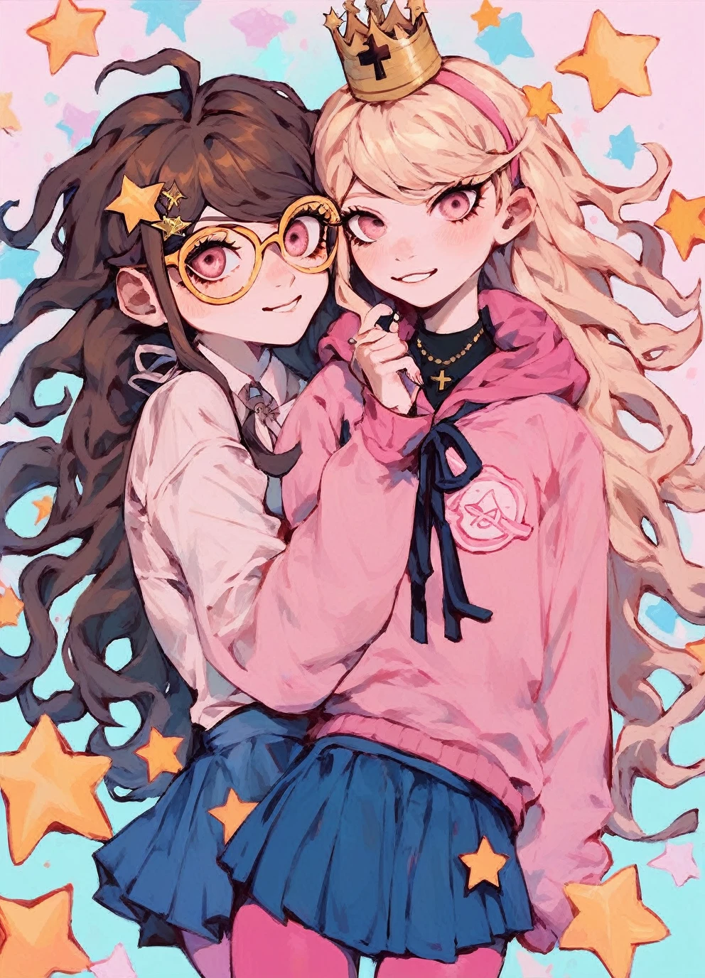 young woman, brown long hair, black cross on cheek, pink eyes, pink jumper, gold Crown, yellow star shaped glasses, blue skirt, black pink leggings, in danganronpa style danganronpa