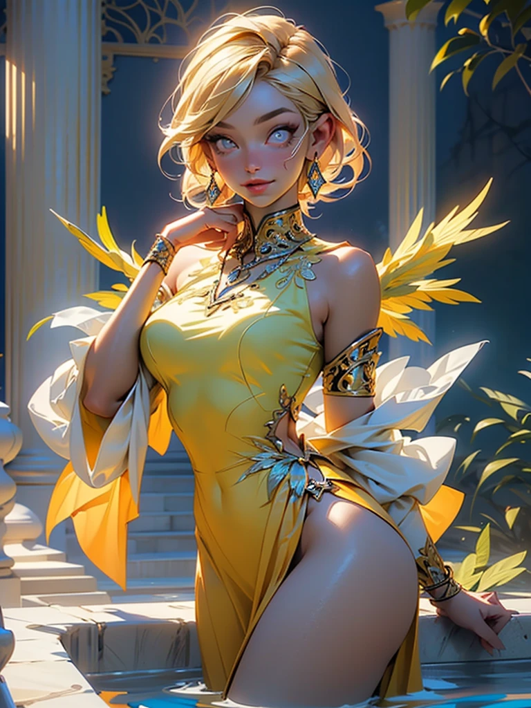 angel,1 girl,((extremely cute and beautiful hair blondeed angel)),((((long hair blonde:1.35,colored inner hair,ear breathing)))),(((yellow_eyeballs:1.3))),intricate eyeballs,beautiful detailed eyeballs,symmetrical eyeballs,((((shining skin:1.5,skin tanned,shining skin:1.5,skin tanned,shining skin,very shining skin,shinny body)))),(spider lower abdomen,inflated legs,thick-thighs,body detailed,(face detailed)), cute,slutty,seducer,Erotic,(nsfw), handsome young Woman, asas de angel, areola, (female, Woman), long hair,shining armor, knightgirl, glowing eyeballs, hair blonde, 1920s plunging neckline dress,(lewd and seducer image:1.2),(olhar gelado nos eyeballs), (She has a mischievous smile on her face), ((Large wings with feathers behind the wings folded at the shoulders)), Glass earrings in the ear, (Around the neck, a necklace with exquisite workmanship),(((intricate outfit,intricate clothes,embroidered clothing,ornate outfit))), (dynamic pose:1.0),embarrased,(centred,scale to fit dimensions,rule of thirds), ((beautiful bathroom made of Greek marble and pillars, beautiful clear water in the pool)),scenario:1.25,((intricate scenario)),((greek temple background)), (Bright Greek ornaments),high resolution,sharp focus,(ultra detaild,extremely detaild),(photorealistic art:1.37),(extremely detaild CG unity 8k wallpaper),(((swirly vibrant colors,vibrant theme))),(intricate),(work of art),(best qualityer),artistic photography,(photograph taken by sldr),(intricate background),perfect rendered face,perfect face details,lifelike face,photo realist,((intricate detail)),(((真实感))),