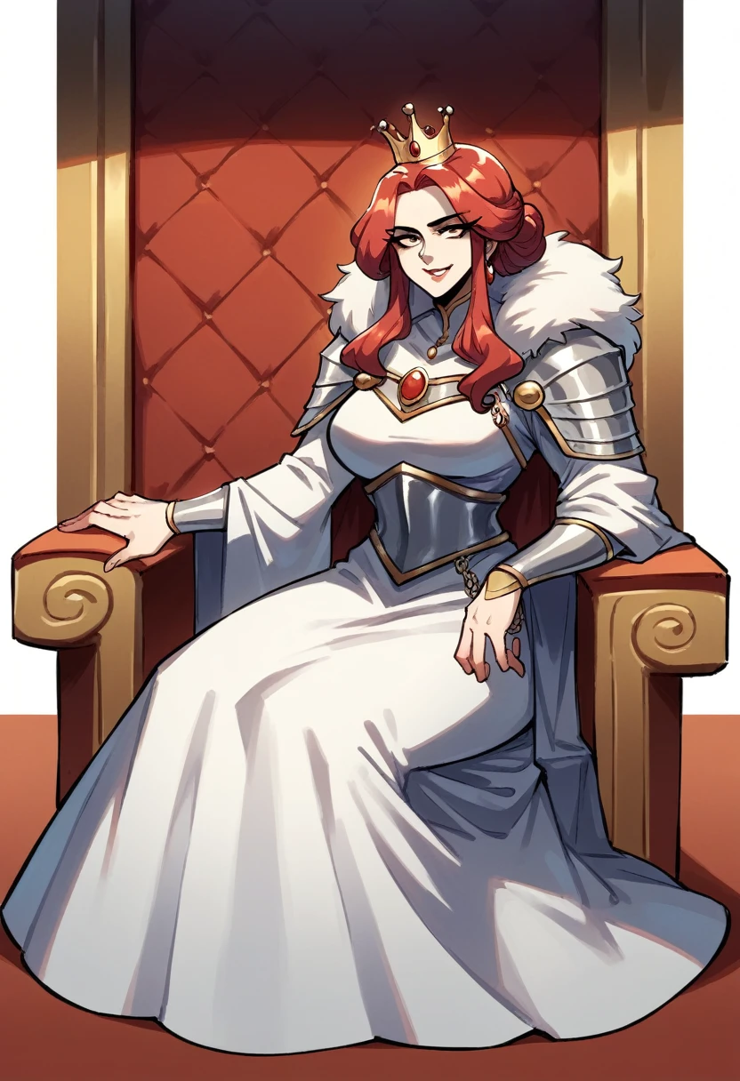 A beautiful woman sitting on a throne, pale skin and flowing red hair, medium legnth hair, dutchess in modest adornment, modest clothing, full dress, fur collar, lightly armoured, silver plate armour, warm colours, mature woman, sharp features, innocent smile, female knoght, knoght queen, lodgehouse background, no crown