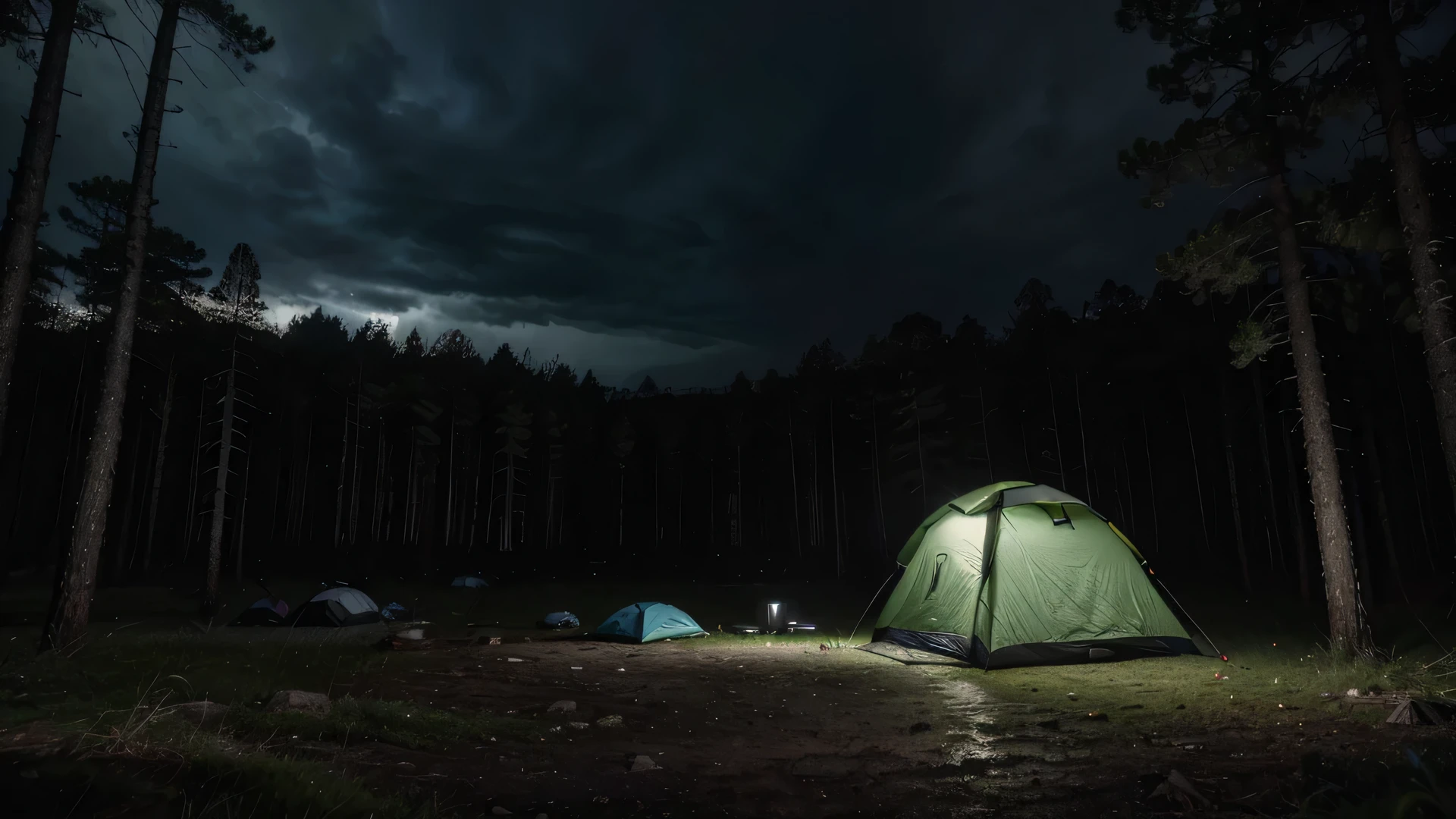 (masterpiece, 8K, UHD, photo-realistic:1.3), camping ground during heavy rain at night with cloudy sky, there are several camping tents with cloudy sky, in the middle of a dense pine forest during heavy rain at night with cloudy sky, the atmosphere is dark during heavy rain at night with cloudy sky