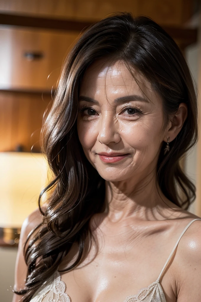 (masterpiece:1.4),(Female, 67 years old:1.5),(facial wrinkles 1.2),smirking face,Long Wavy Hair,