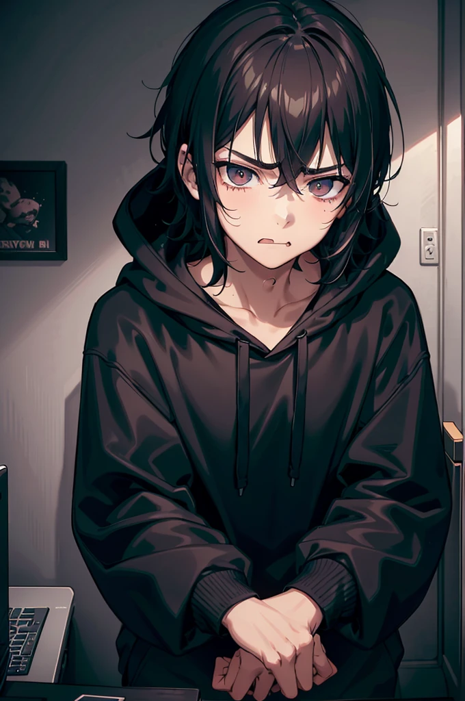 gloomy atmosphere, realisting, 4K resolution, HDR enhancement, a teenage boy, cute face, black hair, black eye, grumpy face, nervous look, defiant but sad eyes, sticking out his tongue, wears a black hoodie, in a room, crouching on a fluorescent gaming chair with cheekbones, Mischievous, sad, dark mood.