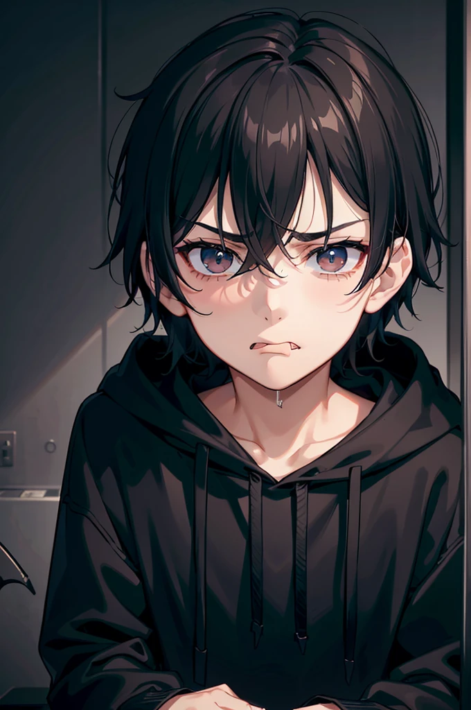 gloomy atmosphere, realisting, 4K resolution, HDR enhancement, a age boy, cute face, black hair, black eye, grumpy face, nervous look, defiant but sad eyes, sticking out his tongue, wears a black hoodie, in a room, crouching on a fluorescent gaming chair with cheekbones, Mischievous, sad, dark mood.