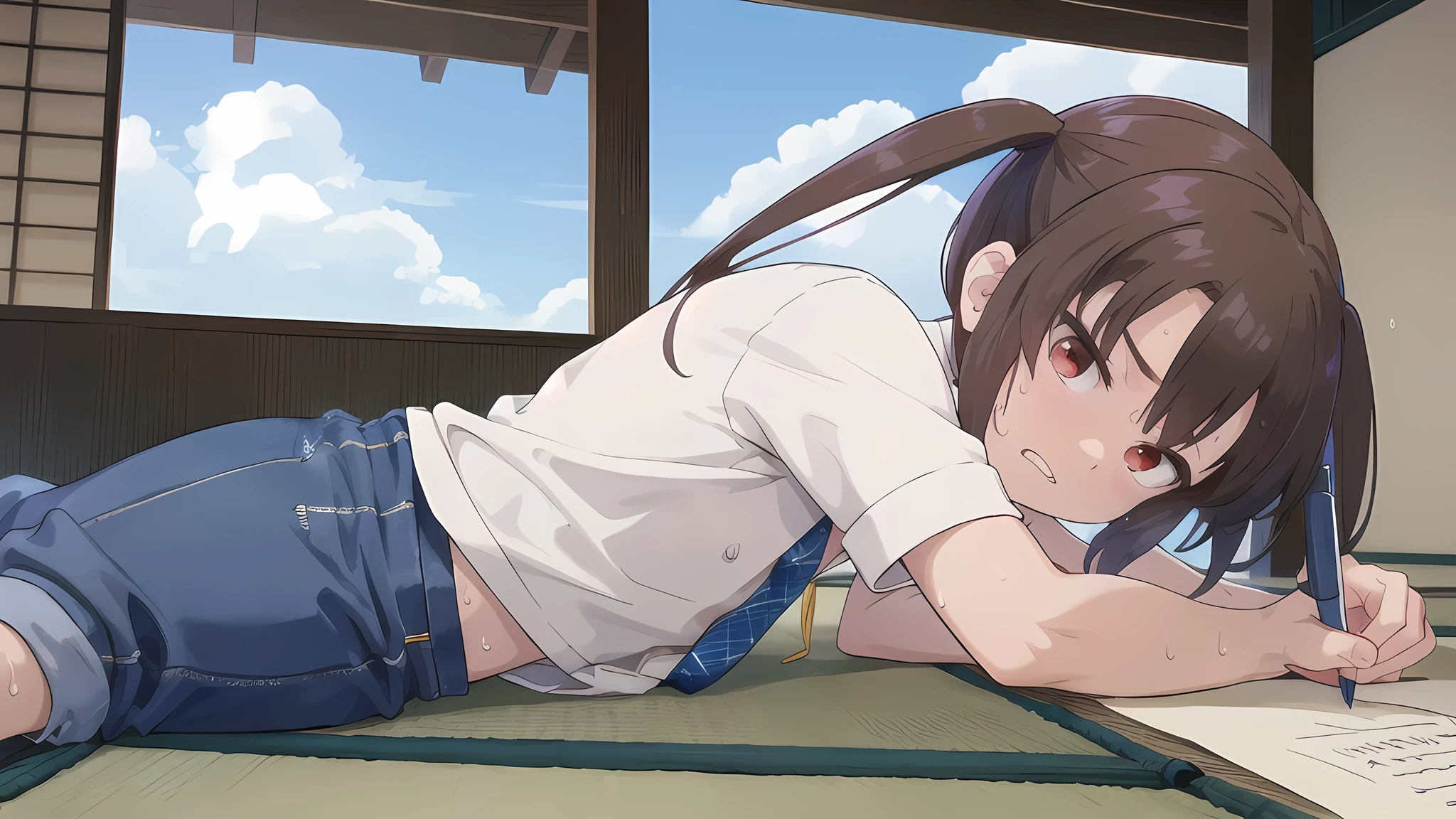 Dilapidated and dark Japanese-style room,blue sky,cloud,On the tatami_Leaning forward while sitting upright,Near the black keyboard,from side, top-down bottom-up,indoor,1 Girl, solo, Red eyes,((sanpaku)), Twin tails, brown hair,crawling,((顔 focus)),upper body,White shirt,Blue denim pants, bangs, eyebrows visible through hair, Flat Chest,Look Down,teeth ,annoyed,panicking,Write on loose-leaf paper with a pen,((Sweat)),The crowd stares