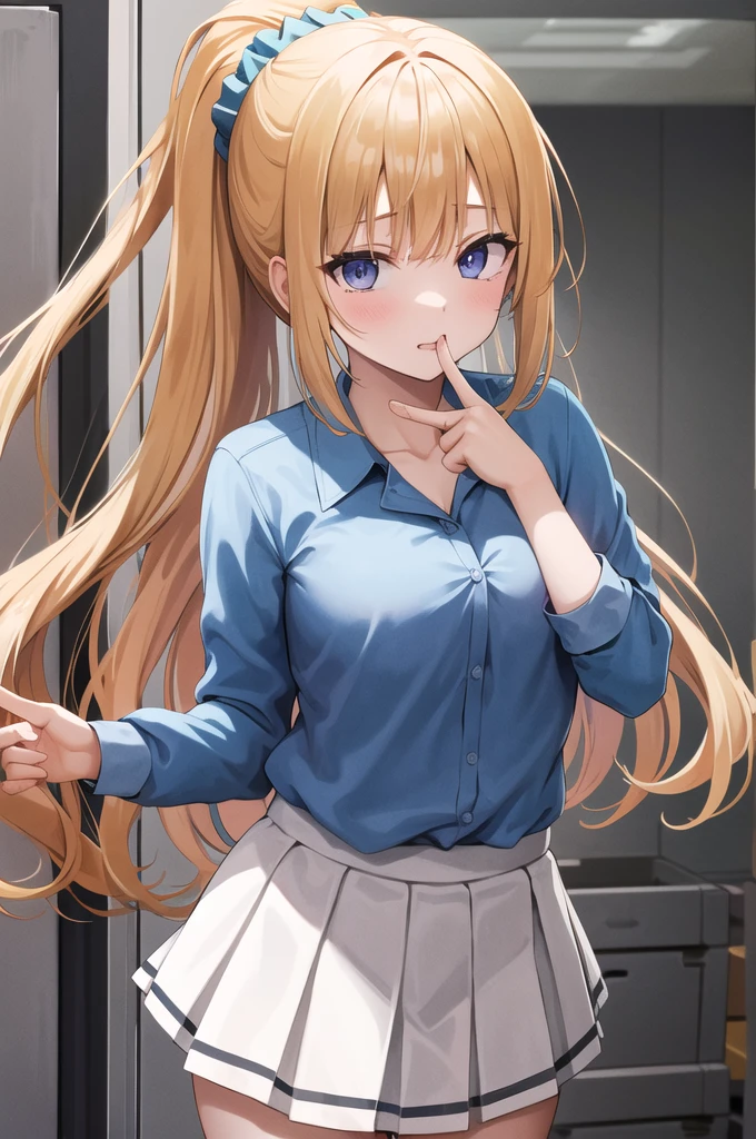 masterpiece, Highest quality, High resolution, bbkei, Long Hair,Yellow Hair, ponytail, Hair Scrunchie, clavicle,Collared shirt, Blue Shirt,Long sleeve, Pleated skirt, White Skirt,Inside the gym storeroom,Bring your index fingers together