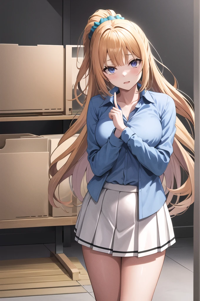 masterpiece, Highest quality, High resolution, bbkei, Long Hair,Yellow Hair, ponytail, Hair Scrunchie, clavicle,Collared shirt, Blue Shirt,Long sleeve, Pleated skirt, White Skirt,Inside the gym storeroom,Bring your index fingers together
