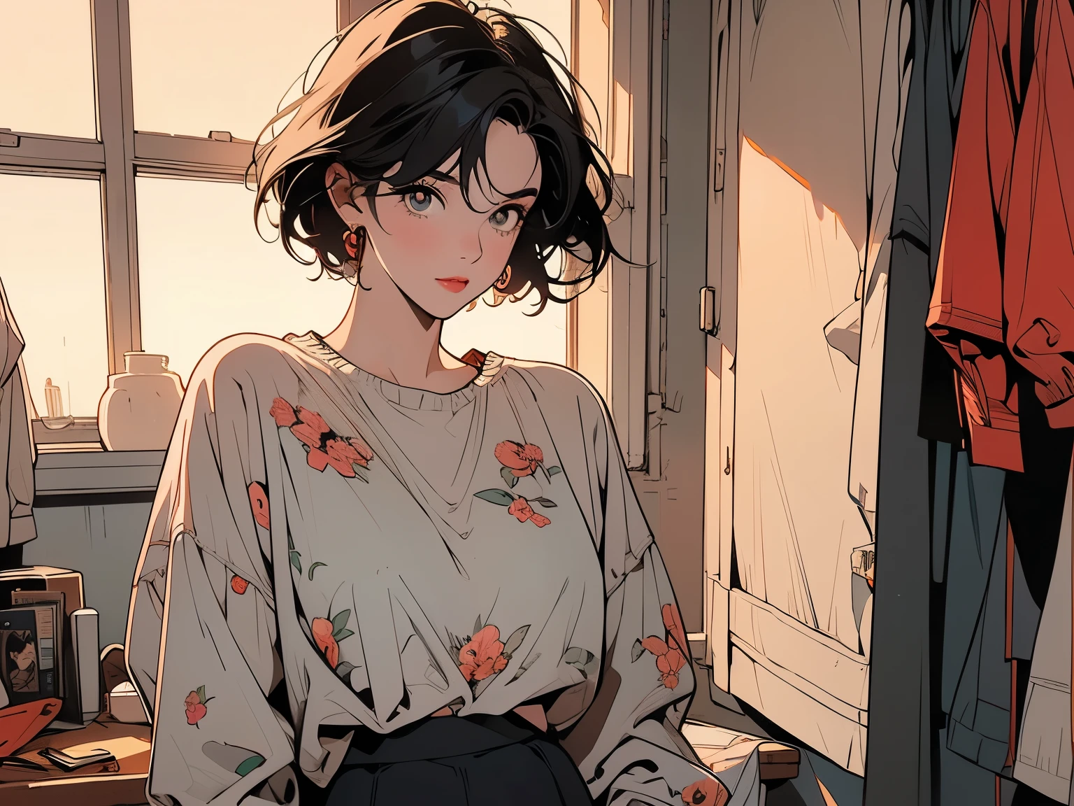 whole body, Upper Body, Have iPhone , Messy room, Apartments, 1 Girl, 4K, Warm colors , short hair , skirt, blouse、Sunset、Perfect Face、Beautiful woman