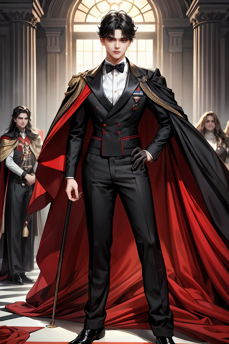 masterpiece, 最high quality, high quality, 1 boy, alone, Male focus, Watching the audience, Messy black hair, Adorable big blue eyes, White people, Noble, Noble,Sexy voluminous black and red cape、Tuxedo、A very voluminous, large, very large, very large, long, long red and black cape with a high stand-up collar, made of a lot of fabric that reaches down to the floor., ,Cute beautiful boys,Cute, cute, kind, handsome guy