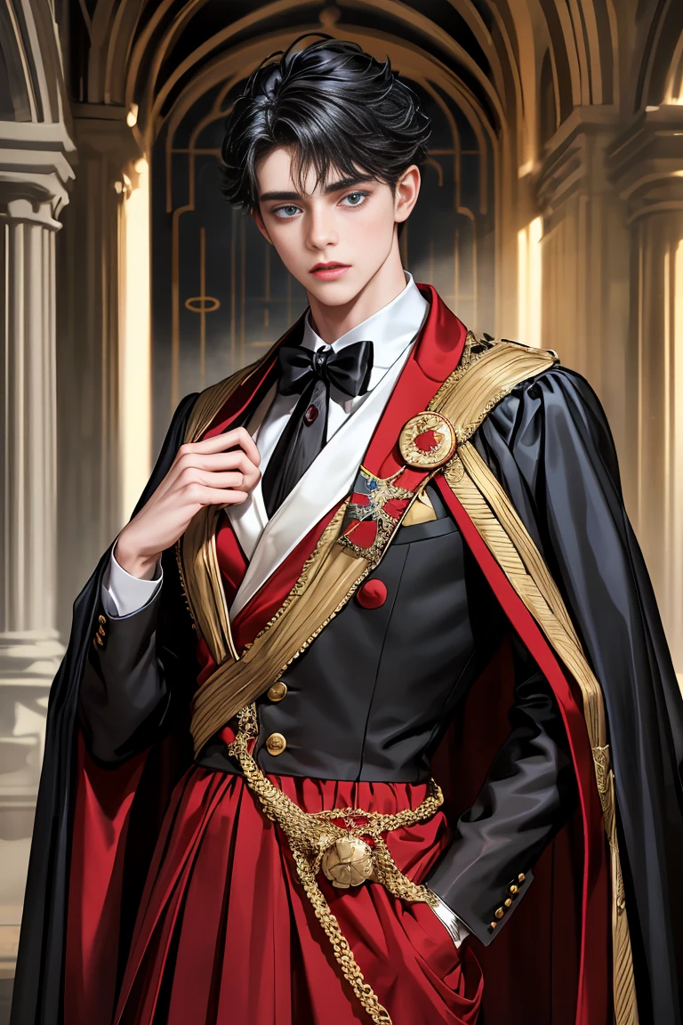 masterpiece, 最high quality, high quality, 1 boy, alone, Male focus, Watching the audience, Messy black hair, Adorable big blue eyes, White people, Noble, Noble,Sexy voluminous black and red cape、Tuxedo、A very voluminous, large, very large, very large, long, long red and black cape with a high stand-up collar, made of a lot of fabric that reaches down to the floor., 17 years old,Cute beautiful boys,Cute, cute, kind, handsome guy