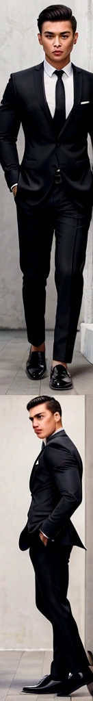 Create an 22 years old master piece handsome boy, with a realistce face and body, stylish short hair cut with a black colour, strong muscle and fitness body, realistic photo,rew image, wearing a suit or business trousers and business shoes, full body image , wakeing styli pose, hayper detailed pictures , asian look 