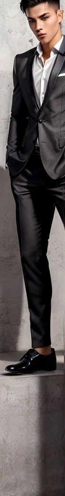 Create an 22 years old master piece handsome boy, with a realistce face and body, stylish short hair cut with a black colour, strong muscle and fitness body, realistic photo,rew image, wearing a suit or business trousers and business shoes, full body image , wakeing styli pose, hayper detailed pictures , asian look