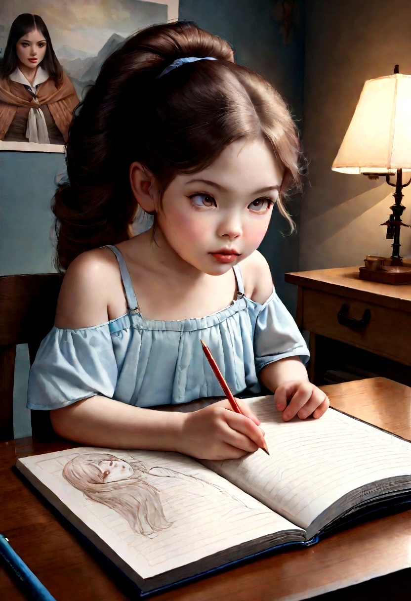 (best quality,4k,8k,Altas,master part:1.2),ultra-detalhado,(Realistic,fotorrealista,photo-realistic:1.37),uma jovem, cerca de 10 anos, senta-se em sua mesa em seu quarto. She's wearing a and has her hair tied up in a ponytail. She's focused on her homework, that's spread out in front of her. There's a poster of her favorite bea on the wall behind her, A few books and a lamp are on the table in front of you, Lamp is shining softly, She's using a pencil to write in a notebook. The room is well lit by a desk wax. there is ,belos olhos detalhados,beautiful detailed lips, olhos e rosto extremamente detalhados,,curly hair,focused expression,concentrating,intense concentration, magic pencil,shiny magic pencil,vivid colors,colored pencil,e,mesa,sketching,nova escola,childrens, David Hamilton style, slim, small, bare shoulders,
