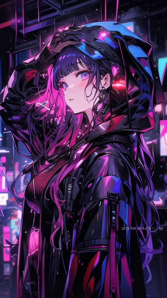 ((Highest quality)), (masterpiece)),in the rain、Anime girl with purple hair and black jacket, Cyberpunk Anime Girl in hoodie, digital Cyberpunk anime art, Digital Cyberpunk - Anime Art, Cyberpunk Anime Girl, anime cyberpunk art, Cyberpunk art style, Cyberpunk atmosphere, Cyberpunk anime art, female Cyberpunk Anime Girl, Dreamy Cyberpunk Girl, Cyberpunk atmospheres, Bright Cyberpunk Glow, Cyberpunk Style, Cyberpunk themed art