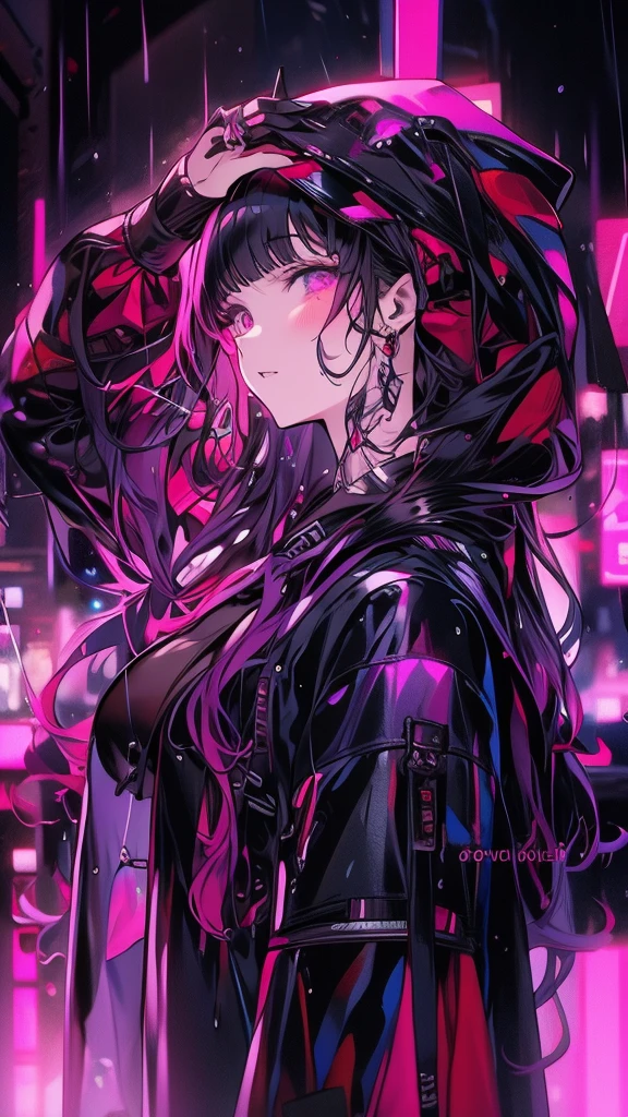 ((Highest quality)), (masterpiece)),in the rain、Anime girl with purple hair and black jacket, Cyberpunk Anime Girl in hoodie, digital Cyberpunk anime art, Digital Cyberpunk - Anime Art, Cyberpunk Anime Girl, anime cyberpunk art, Cyberpunk art style, Cyberpunk atmosphere, Cyberpunk anime art, female Cyberpunk Anime Girl, Dreamy Cyberpunk Girl, Cyberpunk atmospheres, Bright Cyberpunk Glow, Cyberpunk Style, Cyberpunk themed art
