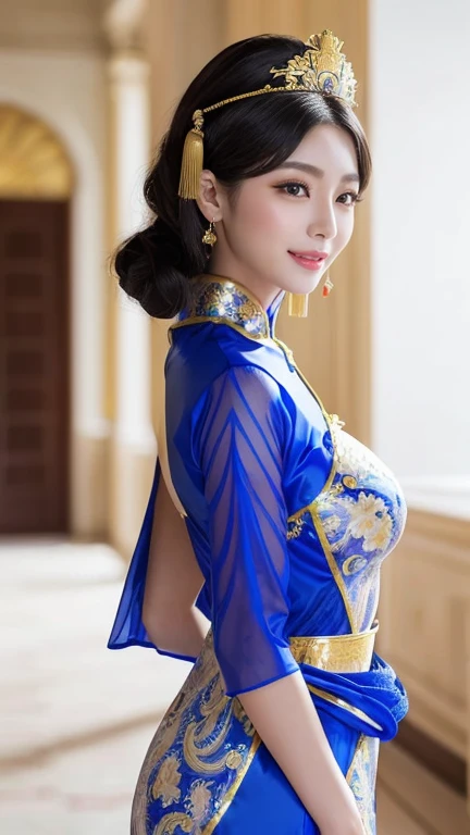 (((Chinese Beauty)))、((Angle of view from the side))、(Look back here)、21 years old、(Very heavy makeup:1.3)、(Slanted Eyes:1.4)、(long narrow eyes:1.4)、Shiny Hair、Glowing Skin、Very white skin、Jet Black Hair、Straight long hairstyle、Waist-length hair、Big eyes、Double eyelids、Luxury Chinese palace、(Standing in the palace corridor)、(Golden luxurious hair ornament)、(((Patterned costume of a Chinese queen)))、Luxurious and gorgeous、(huge breast:1.2)、(Exposed Skin:1.4)、(Smile with your mouth closed)、Transparent white cloth、(((Royal Blue Costume)))