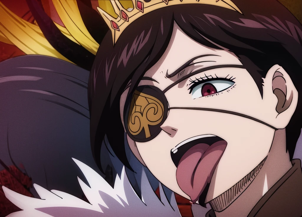 ((best quality)),((highly detailed)),masterpiece,absurdres,detailed face,beautiful face,(detailed eyes, deep eyes),((dynamic pose)),  1girl, Vanica, eyepatch, black hair, solo, tongue, crown, tongue out, red eyes, short hair, fur trim, smile, tiara, full body, cape,                                                                           
                                                                                                                                        , white background, blank background