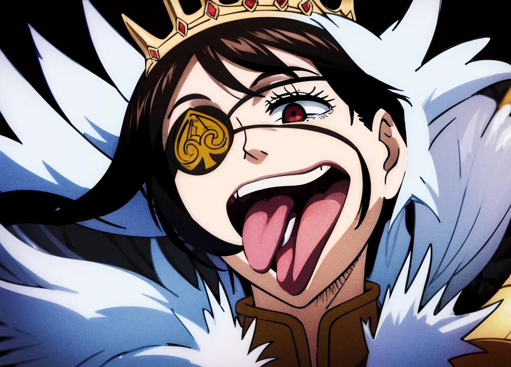 ((best quality)),((highly detailed)),masterpiece,absurdres,detailed face,beautiful face,(detailed eyes, deep eyes),((dynamic pose)),  1girl, Vanica, eyepatch, black hair, solo, tongue, crown, tongue out, red eyes, short hair, fur trim, smile, tiara, full body, cape,                                                                           
                                                                                                                                        , white background, blank background