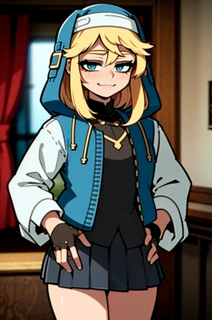 masterpiece, best quality, highres, (illustration:1.4), (beautiful detailed eyes), BREAK ggsbridget, turquoise eyes, (hooded jacket, long sleeves, black gloves, fingerless gloves, skirt, bike shorts) cowboy shot, sexy pose, BREAK Hands on Hips, (finger pointing,) smirk, evil smile,closed mouth, mastrubation, orgasm,blush, embarrassed,full lips, bedroom,indoors,