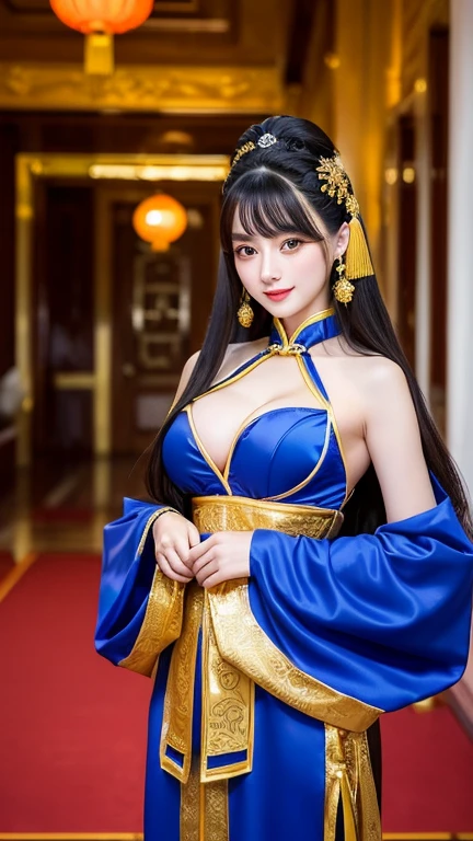 (((Chinese Beauty)))、21 years old、(Very heavy makeup:1.2)、(Slanted Eyes:1.3)、(long narrow eyes:1.3)、Shiny Hair、Glowing Skin、Very white skin、Jet Black Hair、Straight long hairstyle、Big eyes、Double eyelids、Luxury Chinese palace、(Standing in the palace corridor)、(Golden luxurious hair ornament)、(Patterned costume of a Chinese queen)、Luxurious and gorgeous、(huge breast:1.1)、(Exposed Skin:1.4)、(Smile with your mouth closed)、((Royal Blue Costume))
