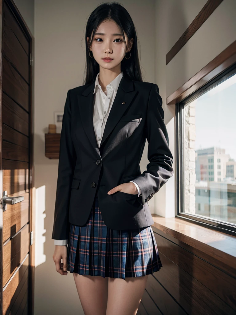 School_uniform, Skirt, Blazer, absurdres, RAW photo, extremely delicate and beautiful, masterpiece, Best Quality, ultra high resolution, 32k, hyperrealistic, ultra-detailed, in her 20s, delicate facial features, tearful mole, earring, medium breasts, full body shot, shorter middle hair, black hair,