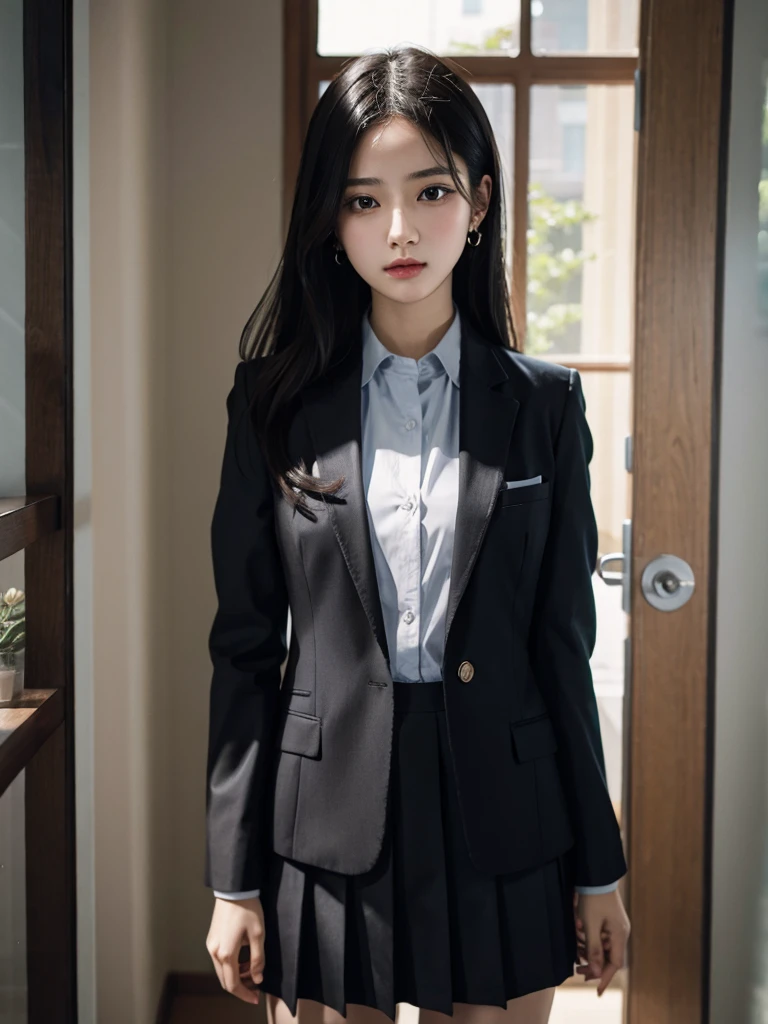 School_uniform, Skirt, Blazer, absurdres, RAW photo, extremely delicate and beautiful, masterpiece, Best Quality, ultra high resolution, 32k, hyperrealistic, ultra-detailed, in her 20s, delicate facial features, tearful mole, earring, medium breasts, full body shot, shorter middle hair, black hair,