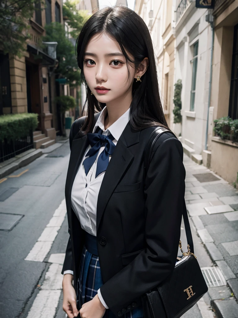 School_uniform, Skirt, Blazer, absurdres, RAW photo, extremely delicate and beautiful, masterpiece, Best Quality, ultra high resolution, 32k, hyperrealistic, ultra-detailed, in her 20s, delicate facial features, tearful mole, earring, medium breasts, full body shot, shorter middle hair, black hair,