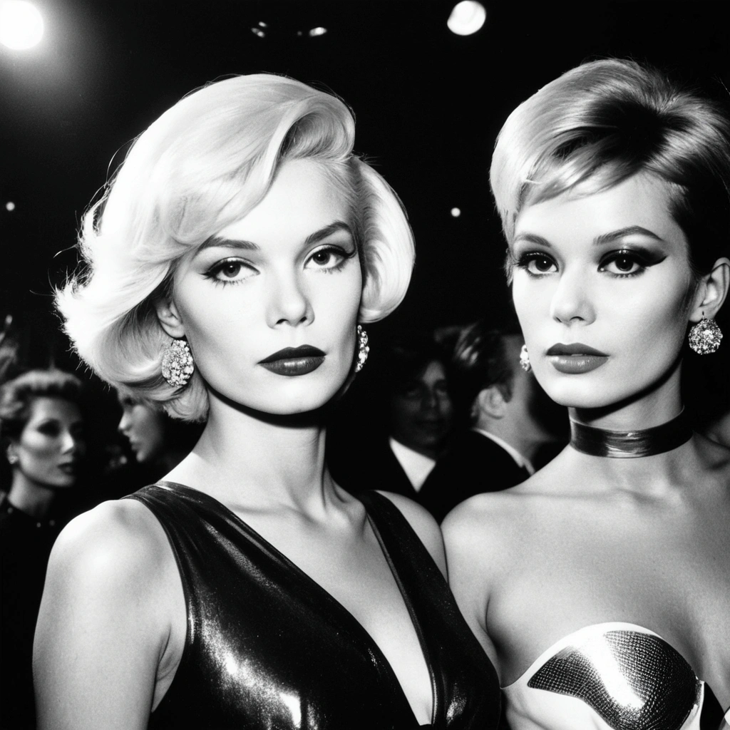 andy warhol black and white photo, studio 54, gogo girls, lights, 80s nightclub, surrealism, supermodel, retro futurism