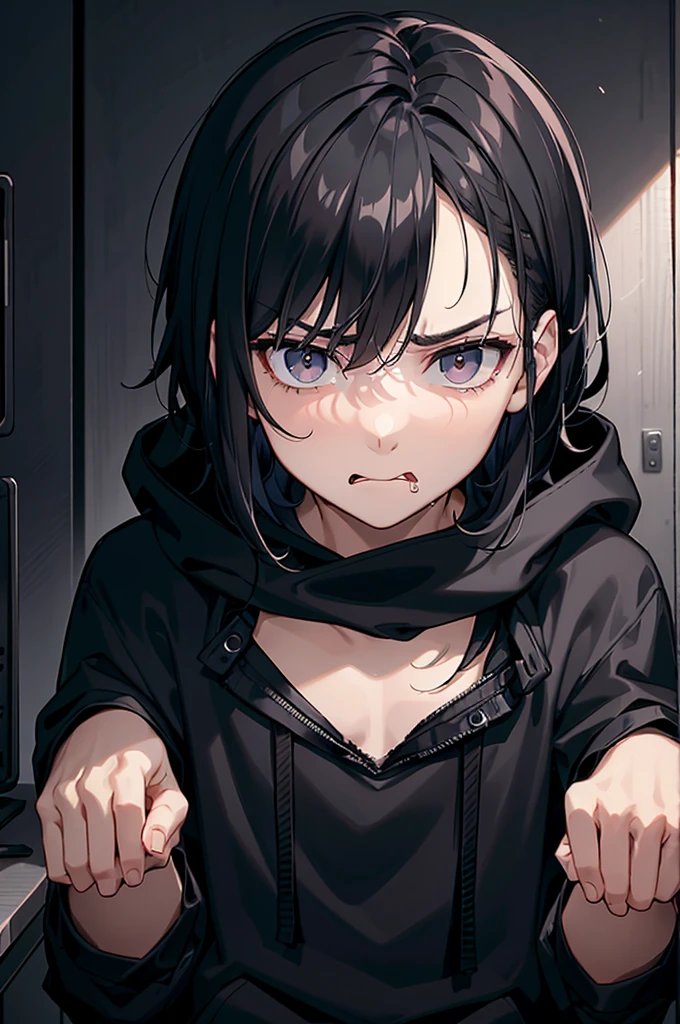 gloomy atmosphere, realisting, 4K resolution, HDR enhancement, a teenage boy, cute face, black hair, black eye, grumpy face, nervous look, defiant but sad eyes, sticking out his tongue, wears a black hoodie, in a room, crouching on a fluorescent gaming chair with cheekbones, Mischievous, sad, dark mood.