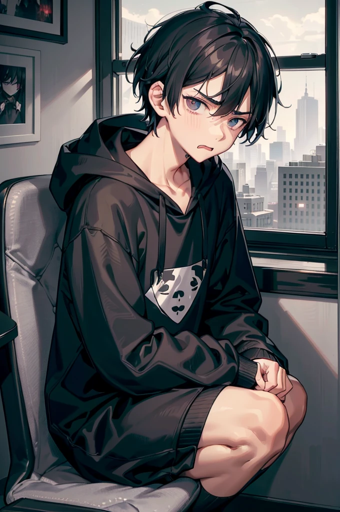 gloomy atmosphere, realisting, 4K resolution, HDR enhancement, a teenage boy, cute face, black hair, black eye, grumpy face, nervous look, defiant but sad eyes, sticking out his tongue, wears a black hoodie, in a room, crouching on a fluorescent gaming chair with cheekbones, Mischievous, sad, dark mood.