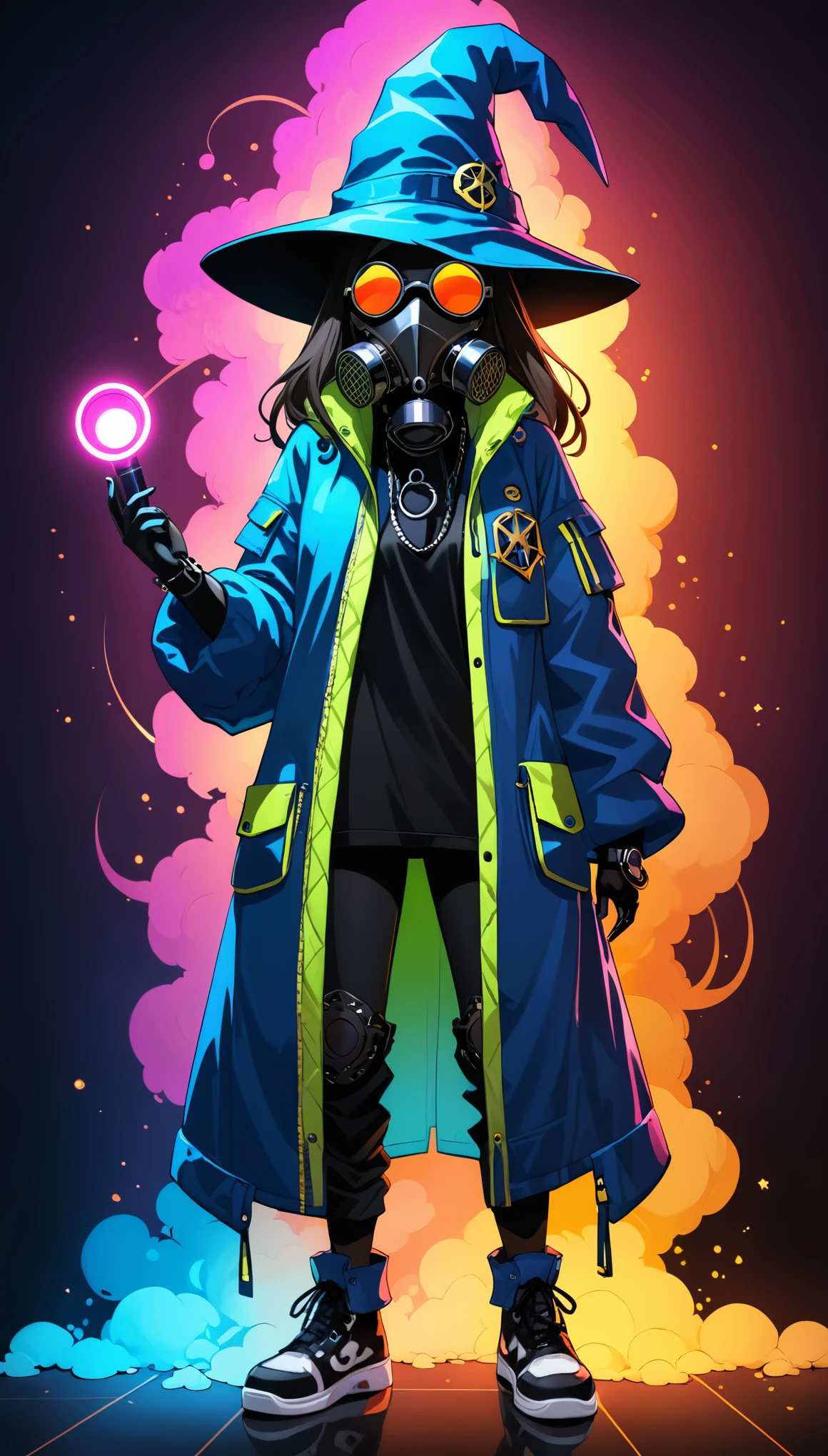 (in style of Benton Jew:0.9),in style of by Liu Ye, (1girl:1.4),(lori:1.8),(foamed hip-hop down_jacket:2),(internally stained giant wide-brimmed (wizard hat):1.6),silhouette,(metal plague doctor mask:1.4),glowing light,(((neon glowing round sunglasses))),unable to see the eyes,(large area blank:1.4),(minimalist composition:1.4),blank,white_background,japanese manga style,