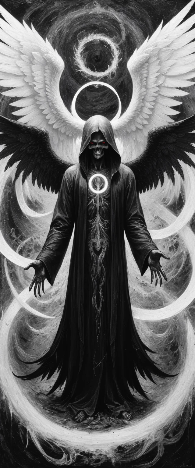 A painting of dark fallen angel Lucifer surrounded by dark wings, black and white Möbius strip, spinning and tumbling white wings and dark angels, deathcore style, layered image with subtle irony, Himalayan art