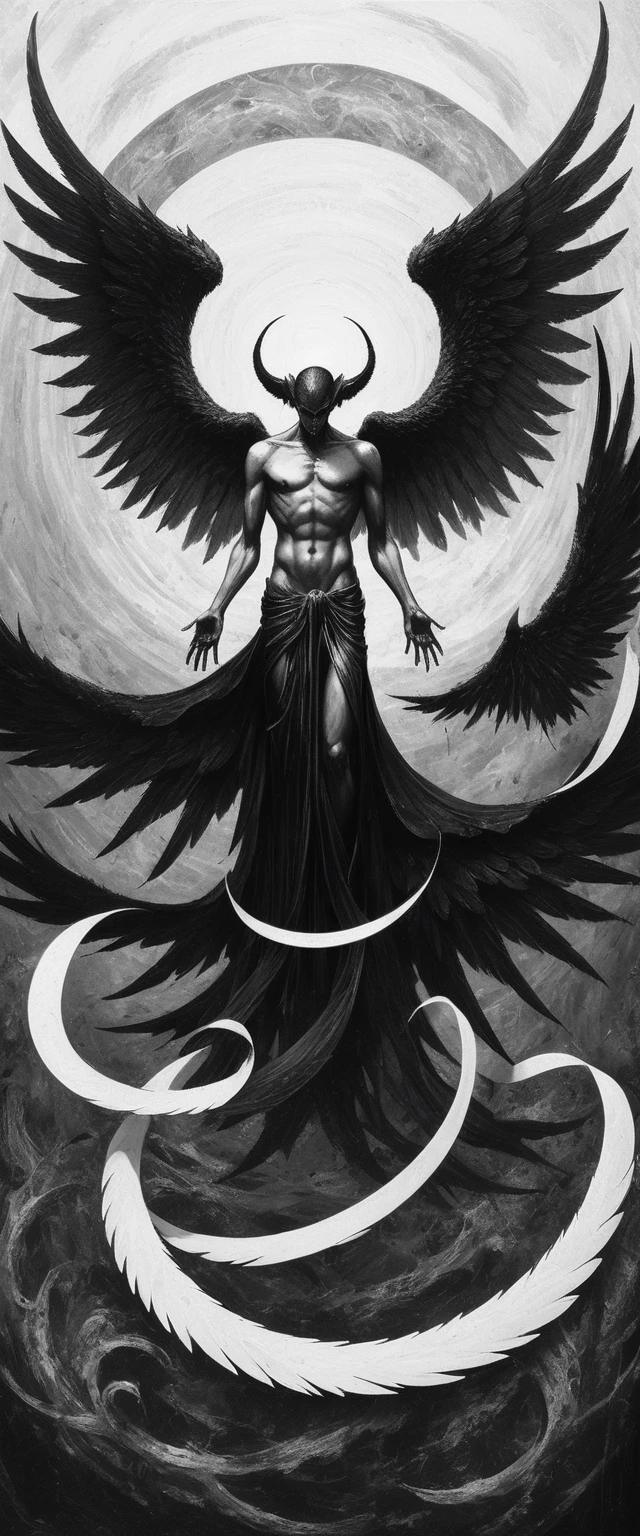 A painting of dark fallen angel Lucifer surrounded by dark wings, black and white Möbius strip, spinning and tumbling white wings and dark angels, deathcore style, layered image with subtle irony, Himalayan art