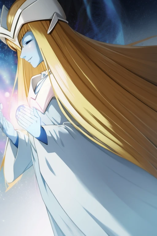 mysticalygo, mystical elf, smile, eyes closed, white dress, long skirt, blue skin, white cape, long robe, blonde hair, long hair, Yugioh, overly long sleeves, no hands, bed, bedroom, on side, Dutch angles 