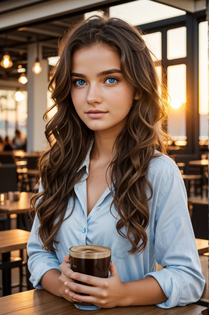 coffee in a modern cafe at sunset), very detailed, 21 ans, visage innocent, natural wavy hair, blue eye, high resolution, head of'artwork, best quality, intricate details, very detailed, sharpness, detailed skin, realistic skin texture, texture, detailed eyes, Professionnel, 4K, charming smile, shot with Canon, 85mm, shallow depth of field, Kodak Vision Color, corps parfaitement ajusté, extremely detailed, Photo_\(ultra\), photorealistic, realistic, Post-traitement, maximum detail, roughness, real life, ultra realistic, photorealism, la photographie, 8k uh, la photographie, medium chest, cleavage