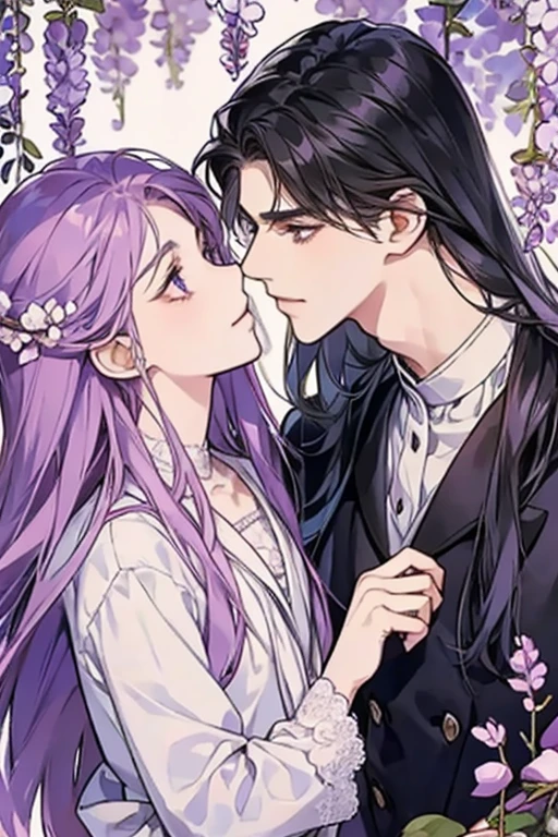 Wisteria flowers,Two boys kissing,Height Difference,High School Students,Long hair boy