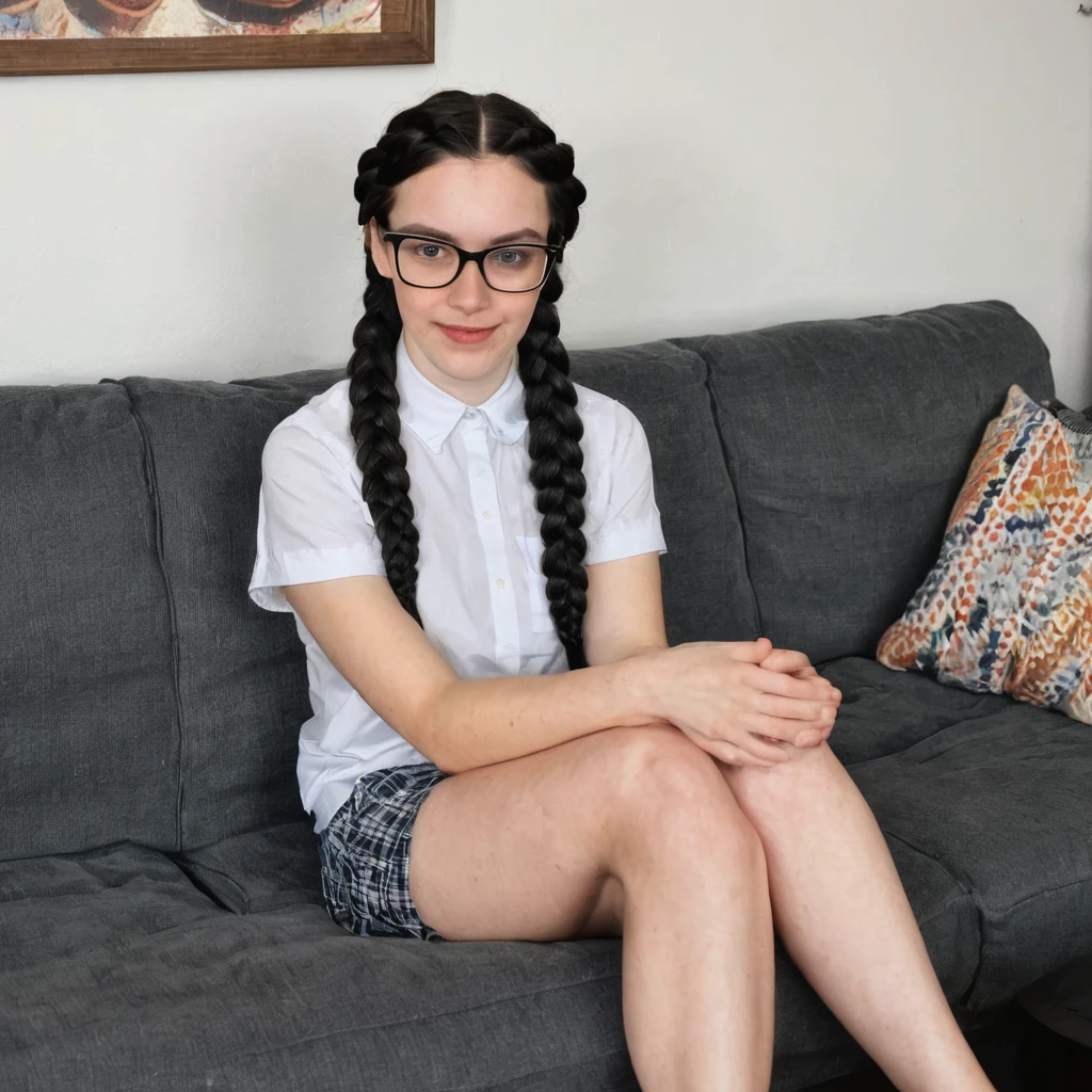 Double braided black hair pale skin Latina nerd girl sitting at sofa