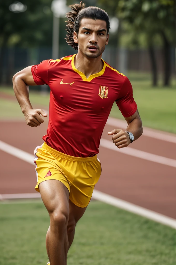 Realistic super high definition face nose eyes athletic wearing red yellow shirt running sport shoes