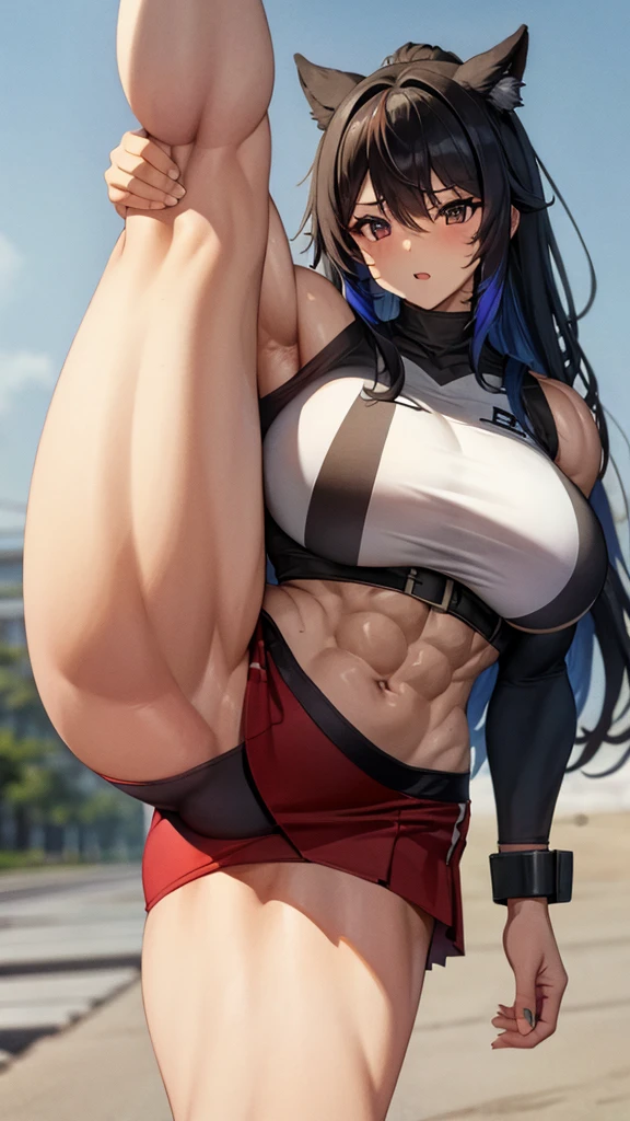 ((leg raised in kick)), 1 girl, standing alone, very muscular Asian woman, ((multicolored dyed hair)), eyes browns, (huge muscles), ((huge biceps)), wearing a stretched crop top, wearing mini skirt, (( leg raising on stepping)) leg raising to step on someone, giant muscular woman, very giant,
