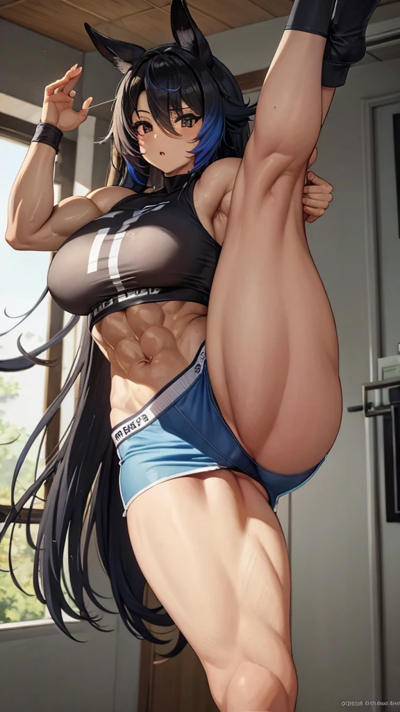 ((leg raised in kick)), 1 girl, standing alone, very muscular Asian woman, ((multicolored dyed hair)), eyes browns, (huge muscles), ((huge biceps)), wearing a stretched crop top, wearing mini skirt, (( leg raising on stepping)) leg raising to step on someone, giant muscular woman, very giant,