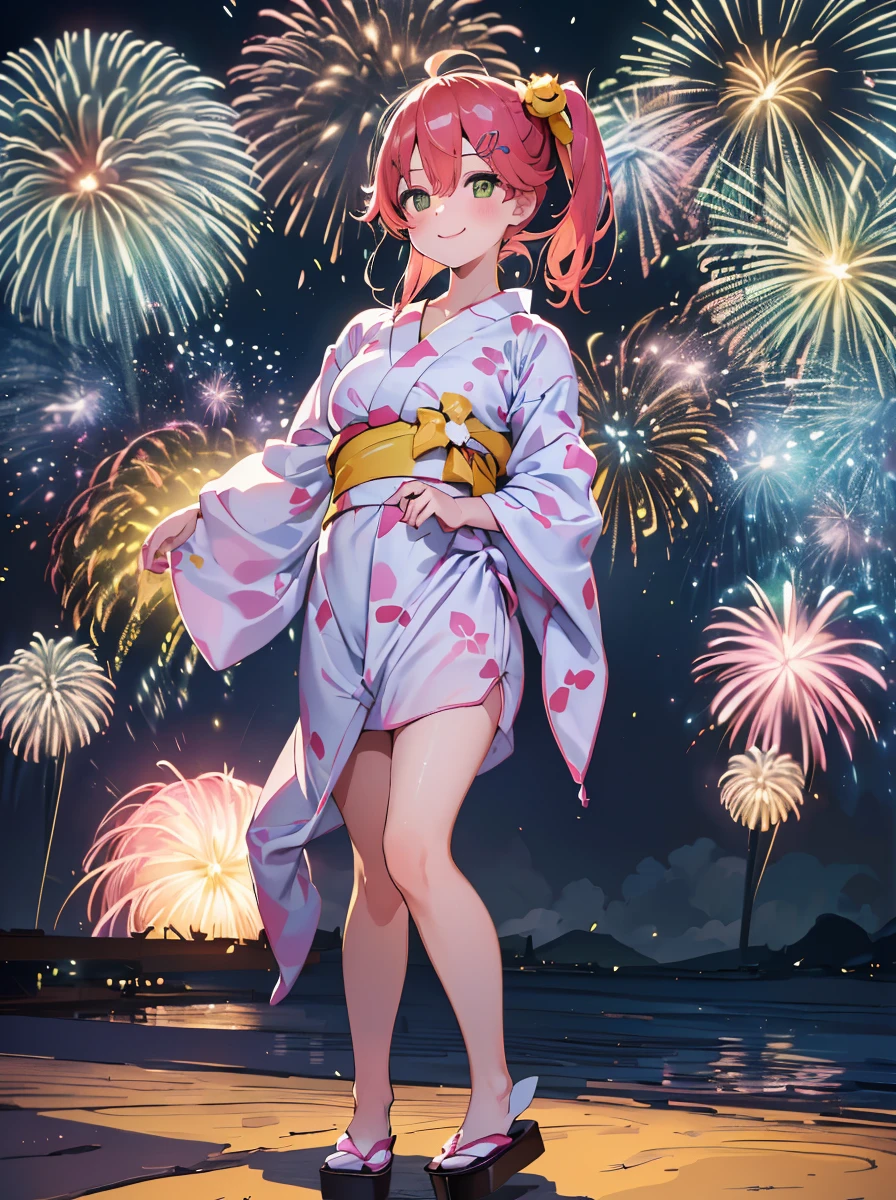 (masterpiece, Highest quality, Super detailed),One girl,((super fine illustration)),((cute eyes,highly detailed skin)),((smile)),((well endowed,Blessed,Captivating body、Detailed Background))、(yukata:1.5),firework,(夜空に大量のfirework,Night view,Ocean)、Festivals, (full body)