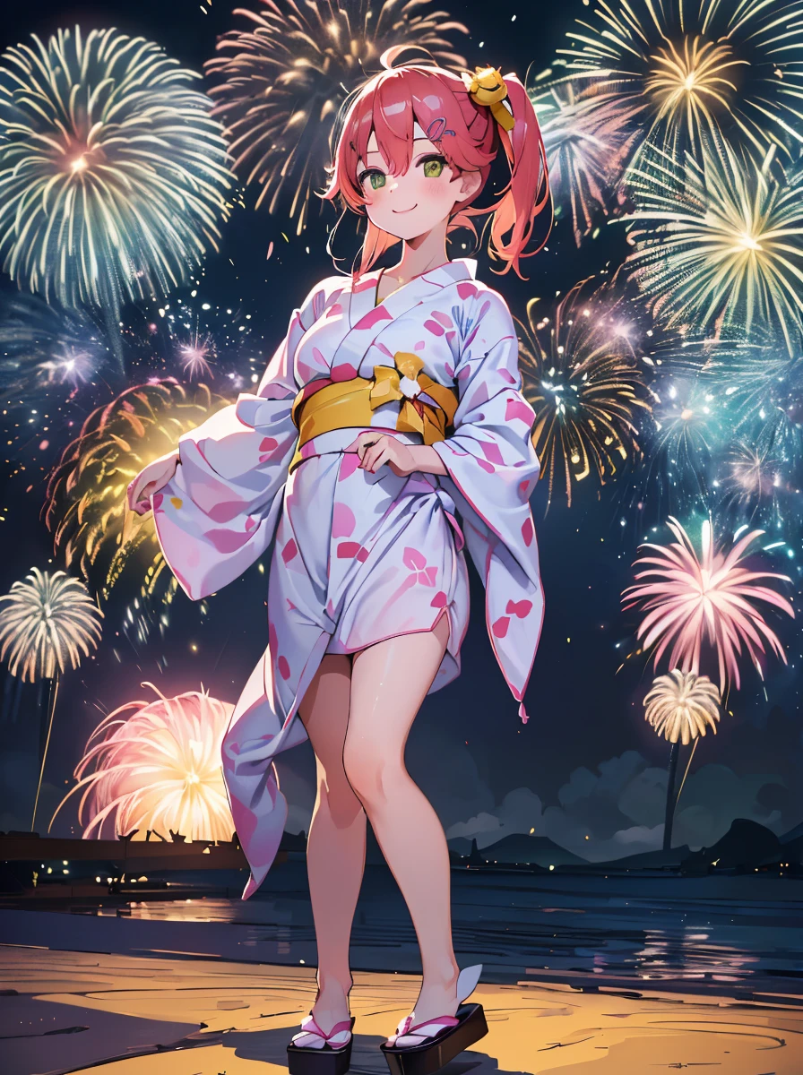 (masterpiece, Highest quality, Super detailed),One girl,((super fine illustration)),((cute eyes,highly detailed skin)),((smile)),((well endowed,Blessed,Captivating body、Detailed Background))、(yukata:1.5),firework,(夜空に大量のfirework,Night view,Ocean)、Festivals, (full body)