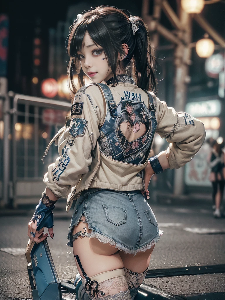 (Full Body View:1.4)、(Side view:1.2)、(Smiling with teeth showing:1.3),(Shibuya Gal:1.5)、(Hostess:1.4)、(Neo-goth fashion:1.5)、(Punk RockVisual Kei:1.3)、(Futuristic bodysuit in white, beige and denim with embellishments:1.5)、(A delicate short jacket in denim, beige and navy:1.5)、(Denim garter belt:1.5)、(Tattered denim and a white micro mini skirt:1.3)、(Heart-shaped silver accessories:1.5)、(Brown Skin Belt:1.4)、(Blue High Heels:1.4)、(Lace patterned underwear:1.4)、20-year-old、NSFW,((Highest quality、In 8K、masterpiece:1.3))、Sharp focus:1.2、(Layered Cut、Huge boobs:1.1),Beautiful woman with perfect figure:1.4、(Doing an aerobics pose:1.3)、Slender Abs:1.2、Butt、Highly detailed face and skin texture、Detailed eyes、double eyelid,(Twin tails:1.3)、(Black brown hair:1.3)、Obscene、Gravure idol、(Luxurious amusement park at night:1.3)、(Make your legs thinner:1.4)、(Thin thighs:1.4)、(Slim body:1.3)、(clavicle:1.1)