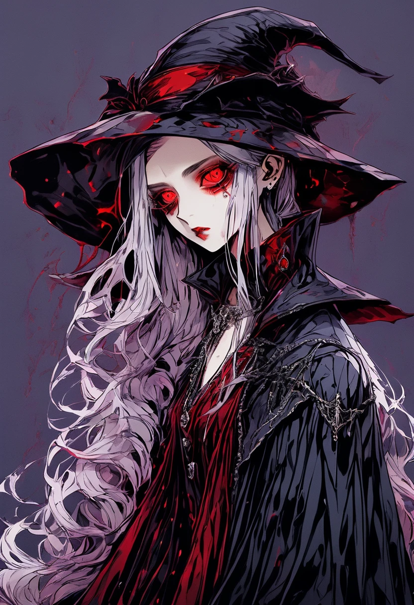 (最high quality,4K,8K,High resolution,masterpiece:1.2),Super detailed,(Realistic,photoRealistic,photo-Realistic:1.37),（comical，High resolution，Ultra-fine），（vampire），（((Red glowing eyes))）Looking into the camera，Evil look，Distinct facial features，（Top Hat），Pull down the brim，vampireの牙が露わに，Wear gorgeous gothic dresses，Silver Hair，rosette，Skull decoration，Bat，The corpse is surrounded by a red mist，Moonlight，Kingly temperament，Cinematic Rim Light，Light is delicate，masterpiece，Super detailed，A magnificent composition，Super HD，high quality，最high quality，32k