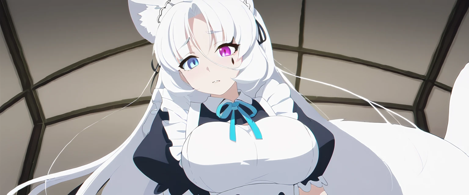 beautiful white neko, long white neko ears, white neko tail, anime style, purple eye, blue eye, big breasts, extremely detailed eyes and face, Wearing White and Black Maid apron outfit, white long hair, heterochromia, wide waist, mature woman, black small beauty mark under right eye